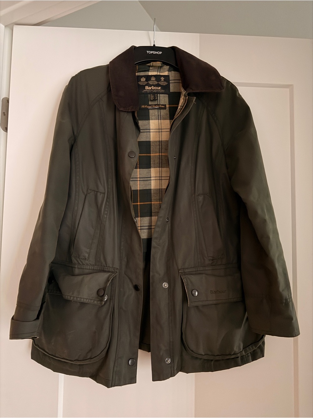 Barbour Dark Olive Waxed Utility Jacket with Brown Cord Collar